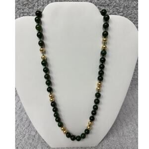 14K Yellow Gold Nephrite Jade & Gold Bead Necklace 18"